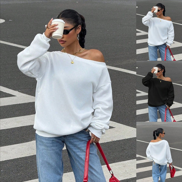 Women's Oversize Off-Shoulder Sweatshirt with Wide Cut and Diagonal Neckline Mune Fashion