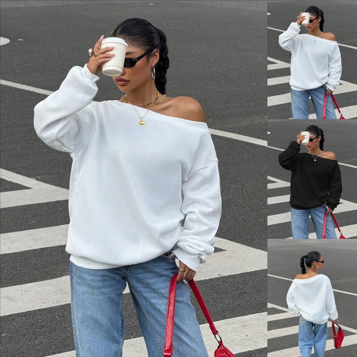 Women's Oversize Off-Shoulder Sweatshirt with Wide Cut and Diagonal Neckline Mune Fashion