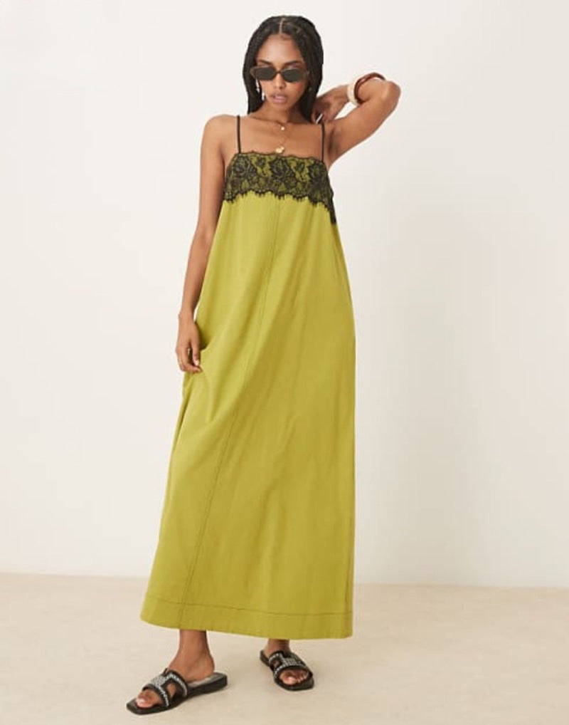 Women's nightgown inspired maxi dress with lace bustier and narrow spaghetti straps Mune Fashion