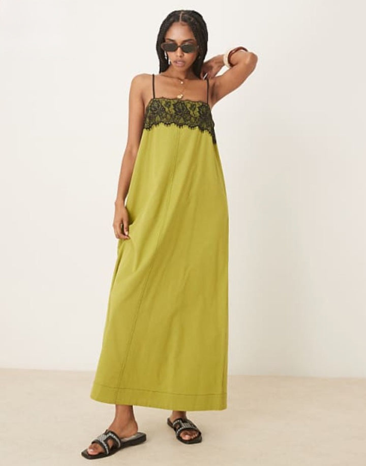 Women's nightgown inspired maxi dress with lace bustier and narrow spaghetti straps Mune Fashion