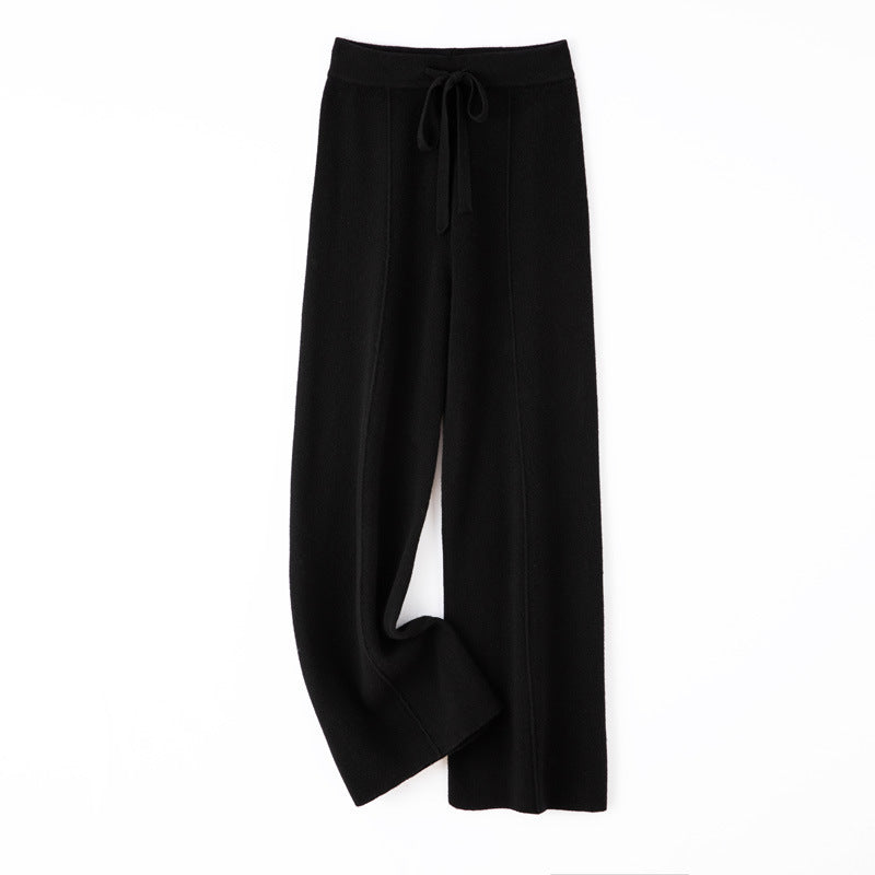 Women's Soft Knit Pants with Wide Leg, Drawstring Waistband, and Decorative Center Seam