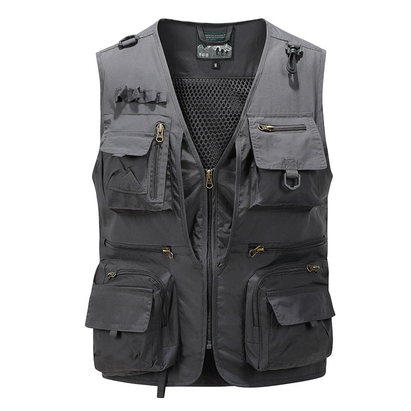 Men's multifunctional fishing vest with mesh lining, multiple zipper and flap pockets.
