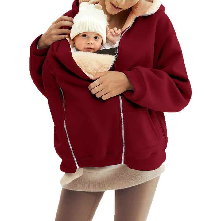 Women nan baby carrier hoodie with teddy lining and two-way zipper Mune Fashion