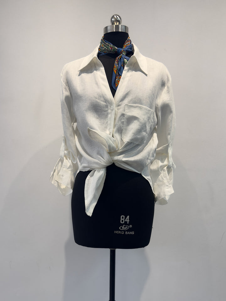 Women’s Casual Knot-Front Linen Shirt Drune