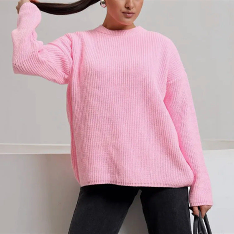 Women's Oversize Structured Knit Sweater with Round Neckline and Dropped Shoulder Mune Fashion