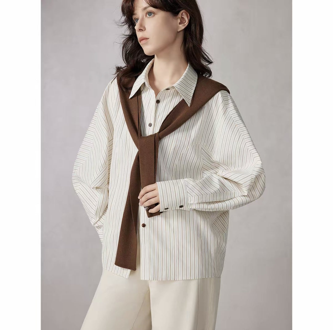 Women Oversized Striped Cotton Shirt Blouse with Rolled-up Sleeves and Shirt Collar Mune Fashion