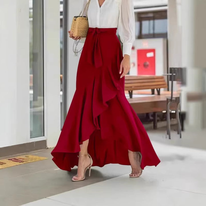 Women nan wrap maxi skirt with Vichy check, high waist tie and asymmetrical flounce hem Mune Fashion