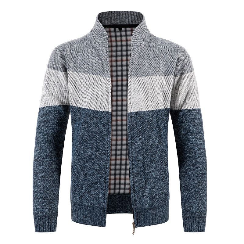 Men's Knitted Zip Cardigan with Stand-Up Collar and Checkered Lining Mune Fashion
