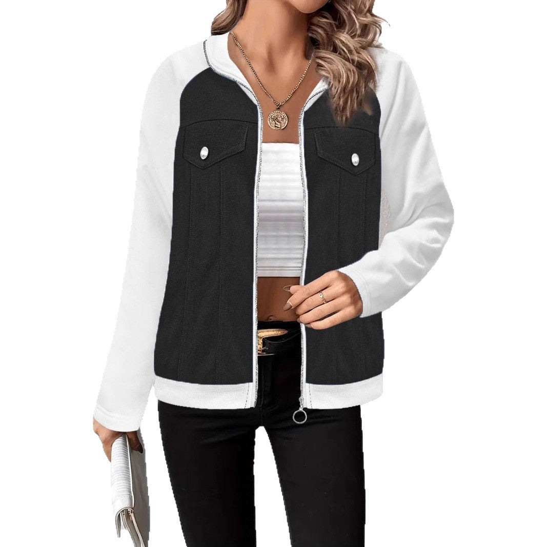 Women's denim mix blouson jacket with zipper and chest pockets Mune Fashion