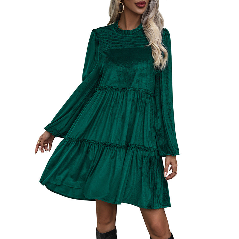 Women's velvet dress with gathered tiered A-line and smocked bodice Mune Fashion