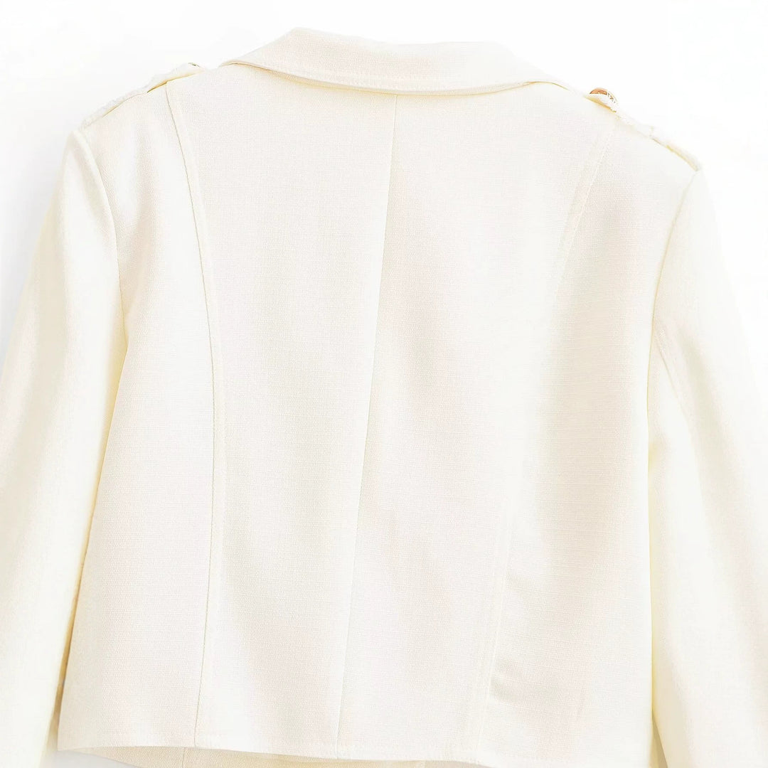 Women Short Cut Double-Breasted Uniform-Inspired Jacket with Epaulettes Mune Fashion