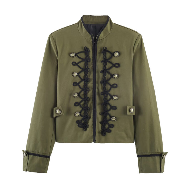 Women Military Inspired Short Jacket with Decorative Cord Overlay and Stand Collar Mune Fashion