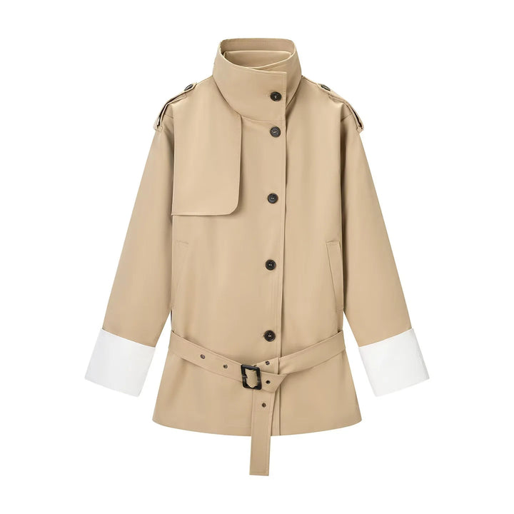 Women's tailored short trench coat with stand-up collar, epaulettes, and tie belt Mune Fashion
