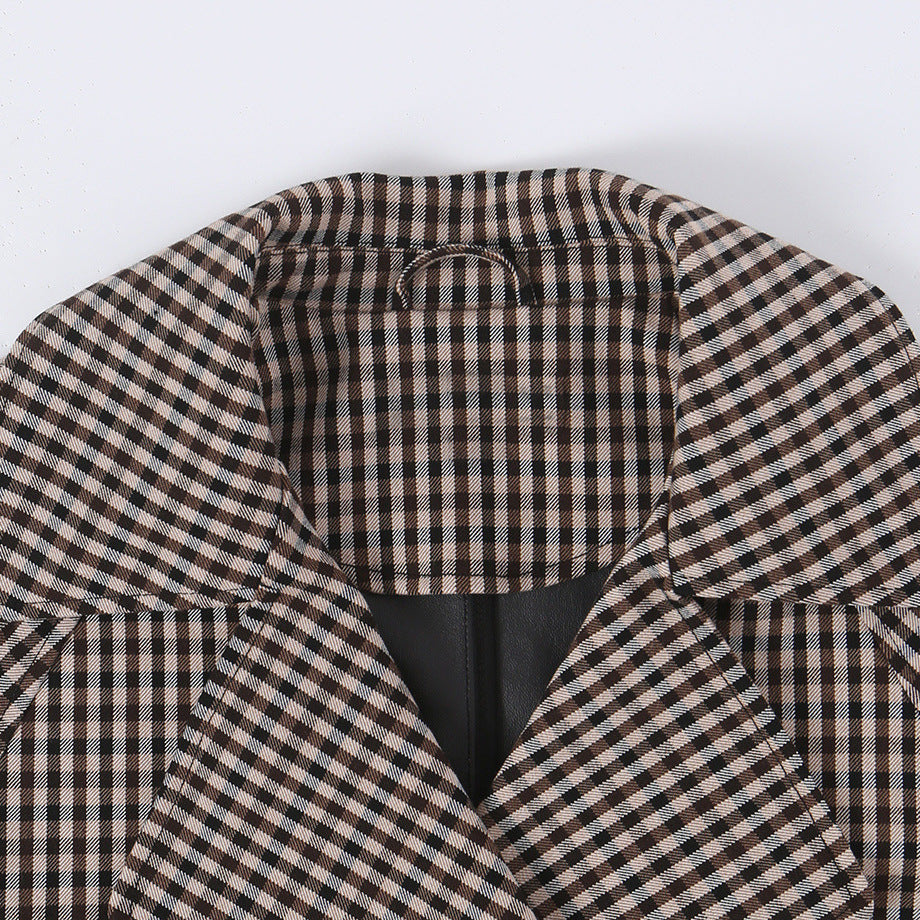 Women's Short Checked Trench Coat with Drawstring Waist and Wide Lapels Mune Fashion