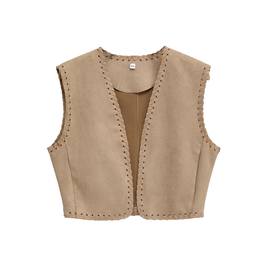 Women's Short Suede-Look Vest with Decorative Whipstitch and Tailored Darts Mune Fashion