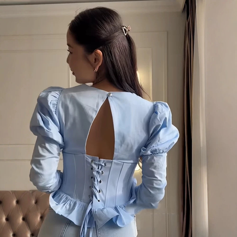 Women Corset-Top with Waist Contour, Puff Sleeves and Square Neckline Mune Fashion
