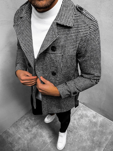 Men's double-breasted trench coat with houndstooth pattern, tailored fit and tie belt Mune Fashion