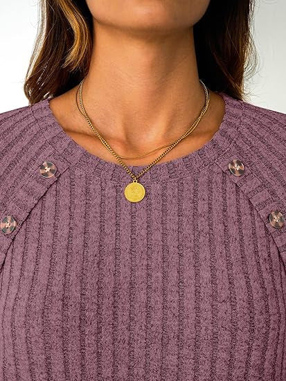 Women Ribbed Round Neck Sweater with Decorative Shoulder Buttons Mune Fashion