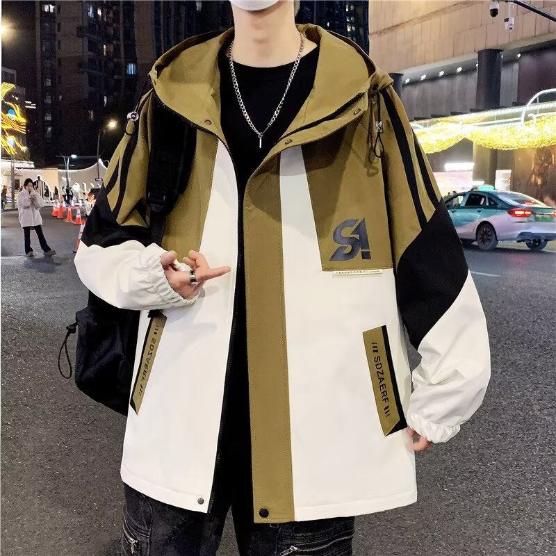 Men's Colourblock Utility Outdoor Jacket with Hood, Contrast Stripes and Concealed Zipper Mune Fashion