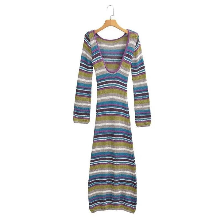 Women's Striped Ribbed Maxi Dress with Round Neckline and Figure-Hugging Silhouette Mune Fashion