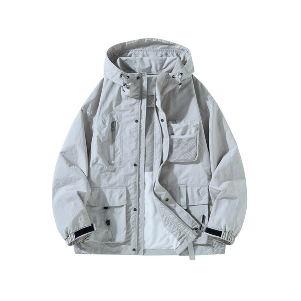 Men's Technical Utility Outdoor Jacket with Hood, Multifunction Pockets and Mesh Lining Mune Fashion