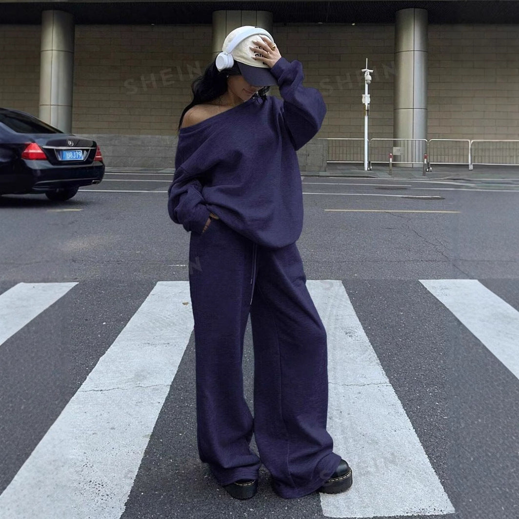 Women Oversized Off-Shoulder Sweatset with Wide Jogging Pants and Casual Fit Mune Fashion