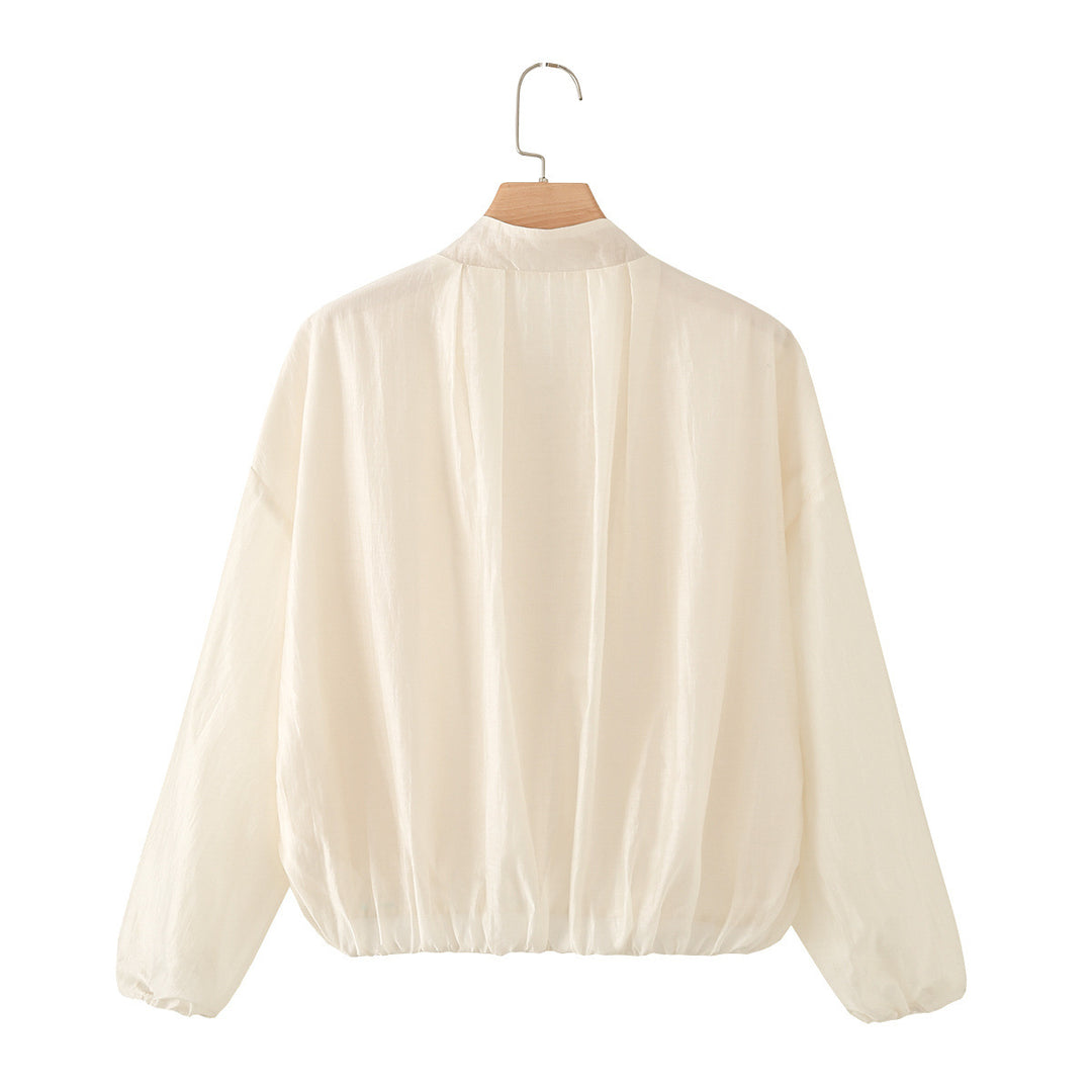 Women's Transparent Lightweight Summer Blouson Jacket with Stand-Up Collar and Elastic Hem