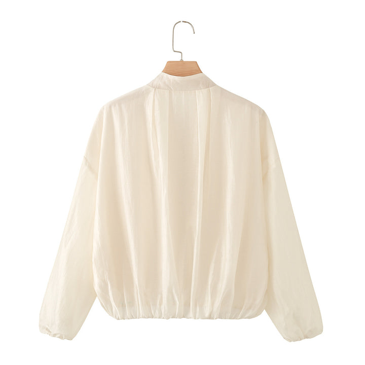 Women's Transparent Lightweight Summer Blouson Jacket with Stand-Up Collar and Elastic Hem