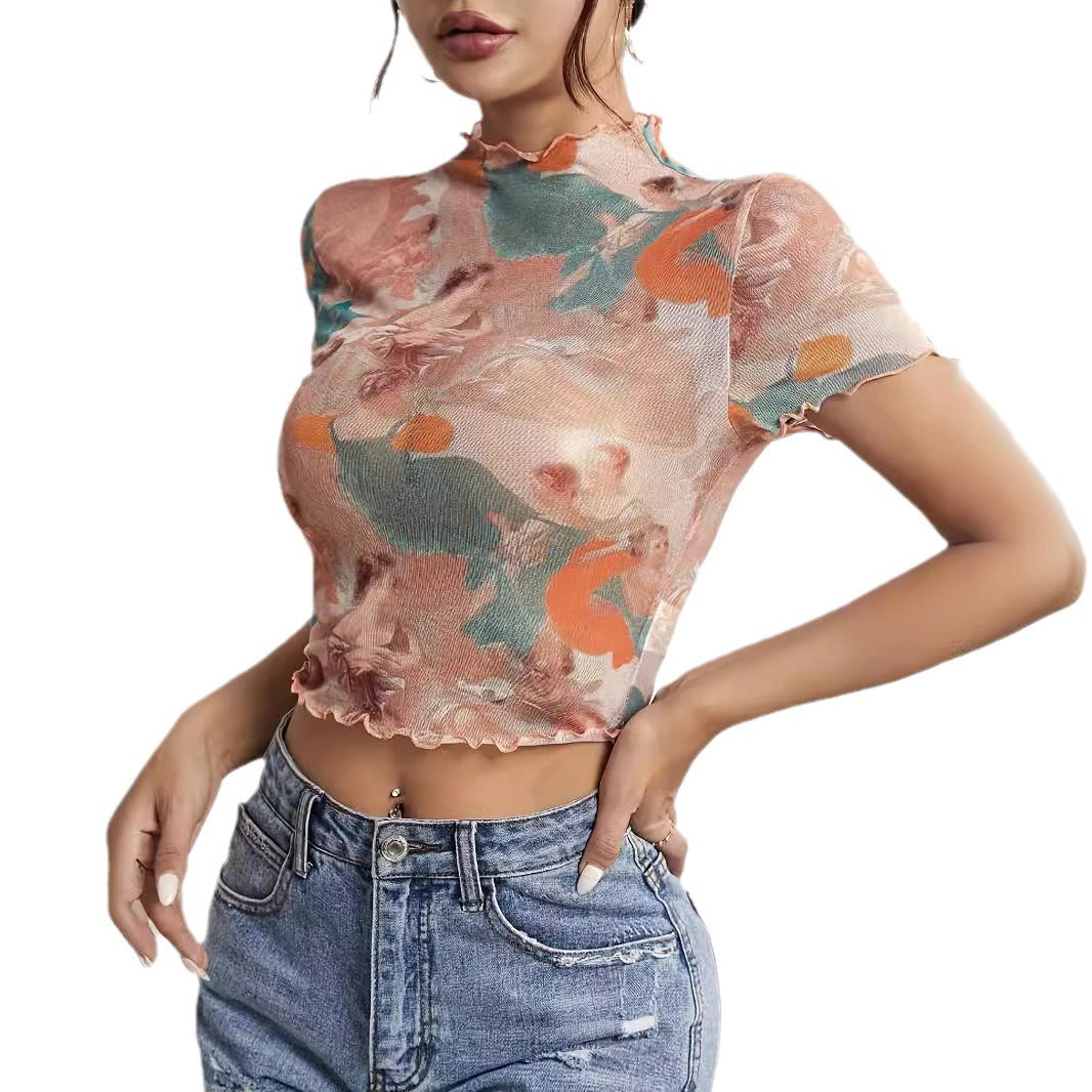 Women nan figure-hugging transparent mesh top with baroque angel print, stand collar and ruffled hem Mune Fashion