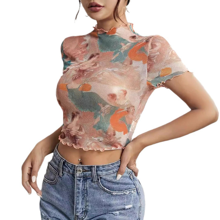 Women nan figure-hugging transparent mesh top with baroque angel print, stand collar and ruffled hem Mune Fashion