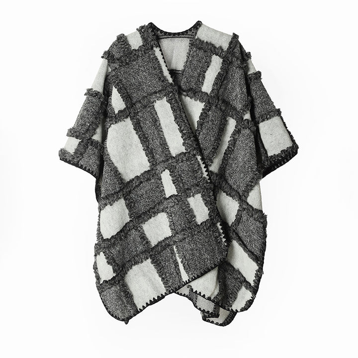 Women's Oversized Cape made of wool blend with textured check jacquard look and open front Mune Fashion