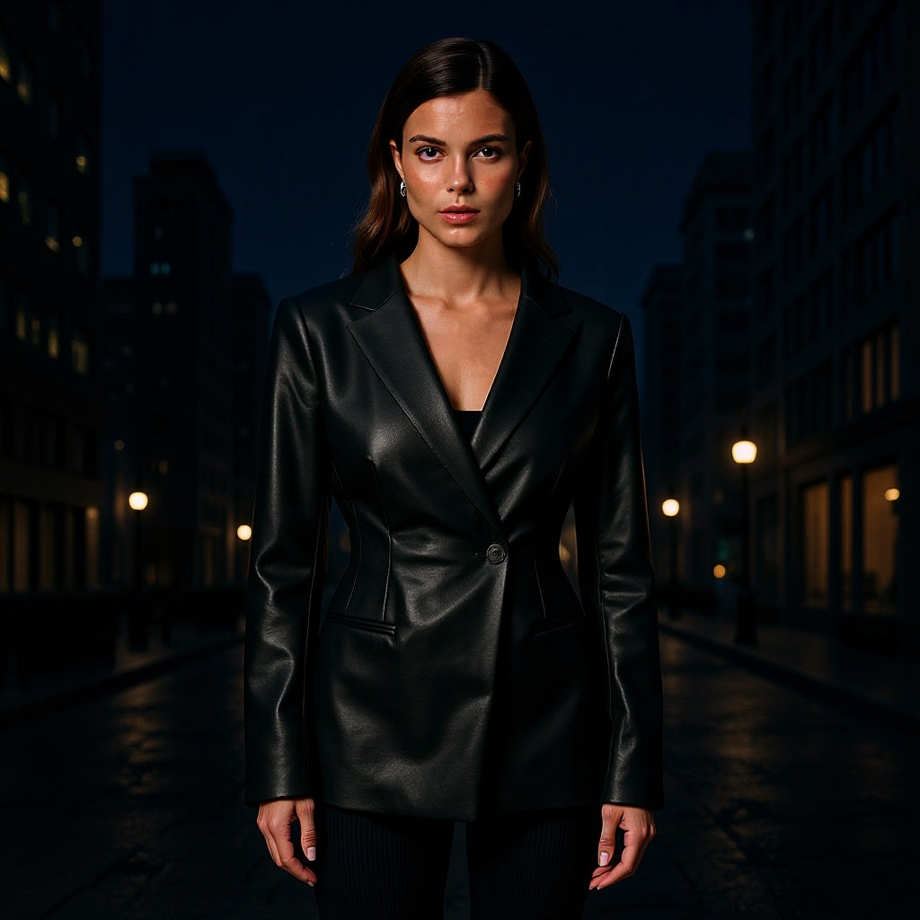 Women Fitted Blazer Jacket in Leather Look with Single Button and Contouring Darts Mune Fashion