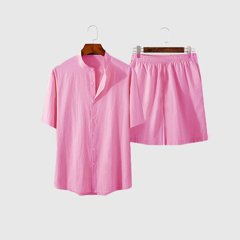 Men's two-piece summer leisure ensemble with open shirt collar and loose knee-length shorts Mune Fashion