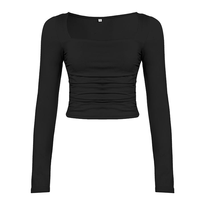 Women Tailored Long-Sleeved Crop Top with Square Neckline and Ruching Mune Fashion