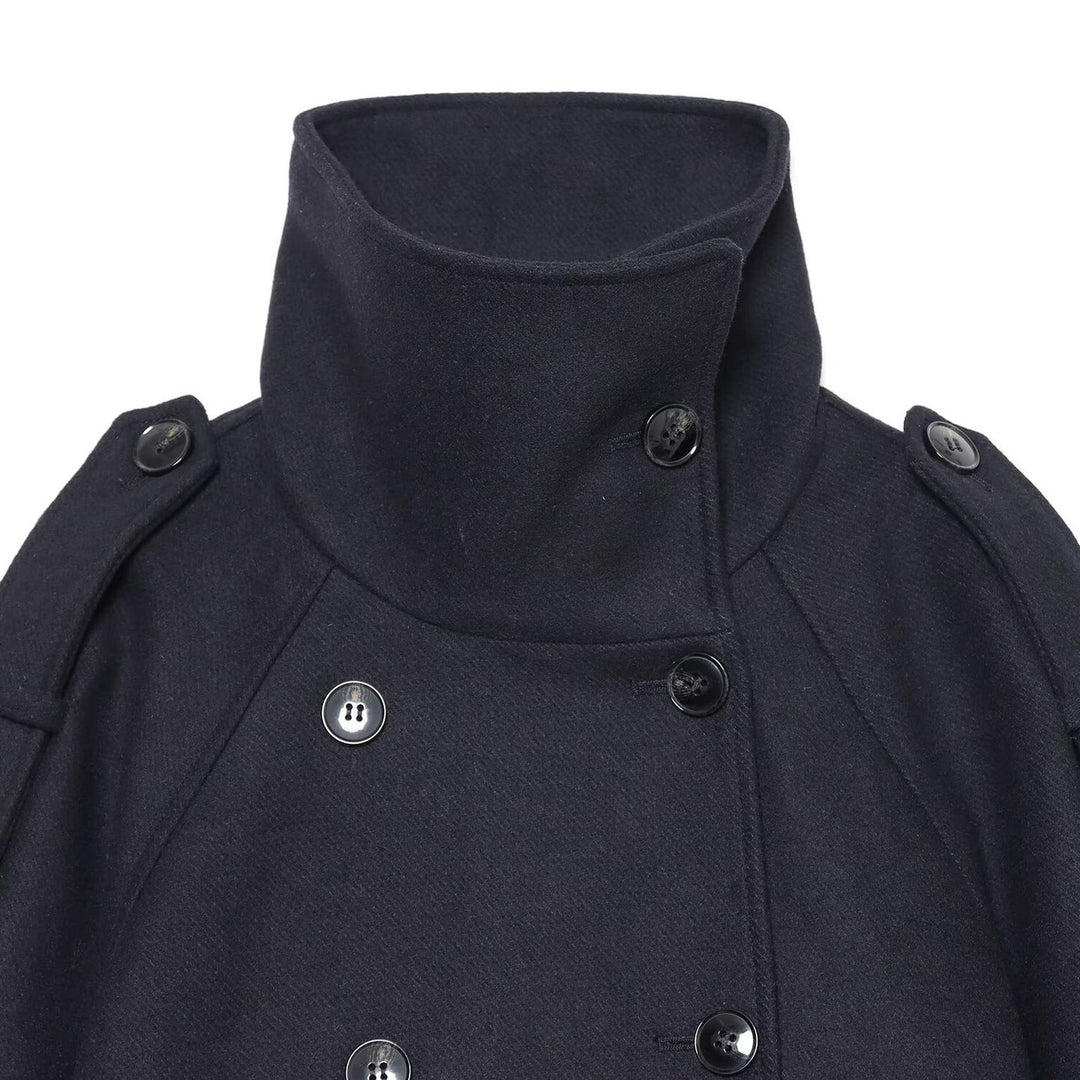 Women's Short Double-Breasted Cape Coat with High Stand Collar and Epaulettes Mune Fashion