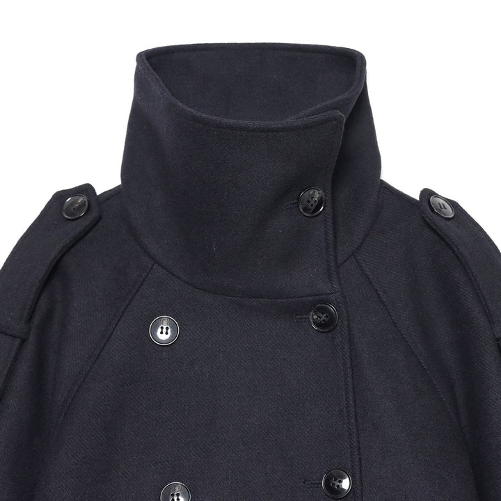 Women's Short Double-Breasted Cape Coat with High Stand Collar and Epaulettes Mune Fashion