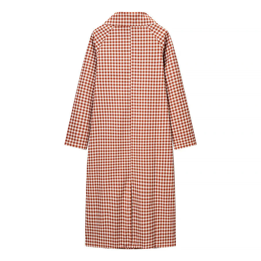 Women's checkered midi trench coat with shirt collar, full button placket and patch pockets Mune Fashion