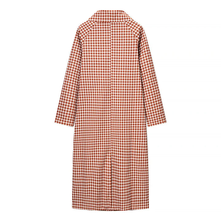 Women's checkered midi trench coat with shirt collar, full button placket and patch pockets Mune Fashion
