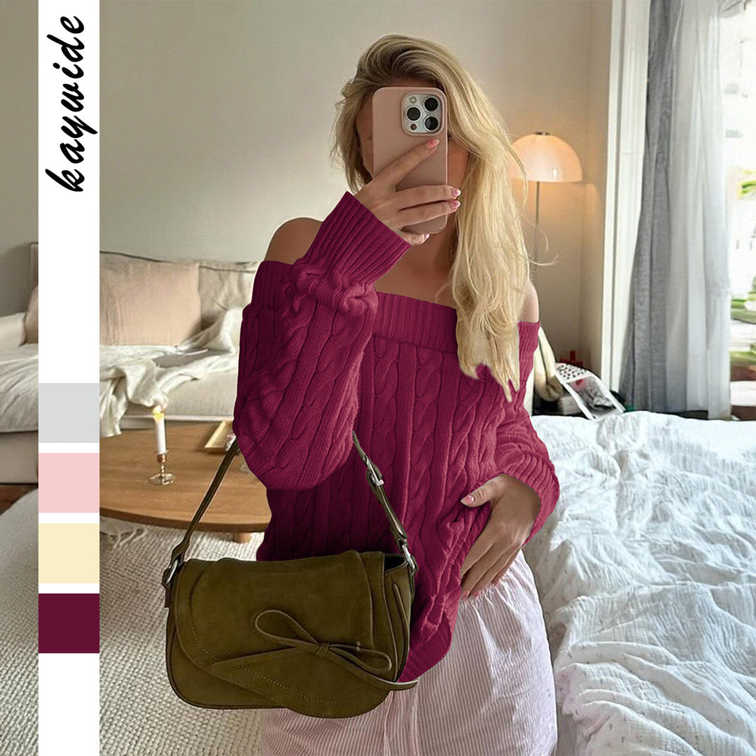 Women's oversized off-the-shoulder cable knit sweater with ribbed neckline and balloon sleeves Mune Fashion