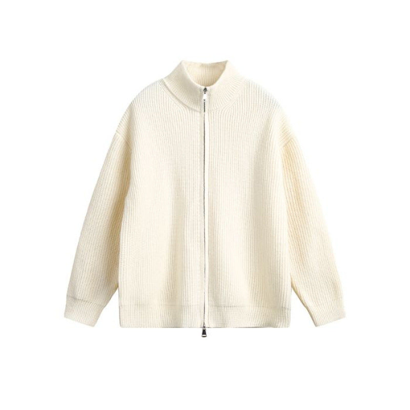 Unisex Oversized Knit Zip Jacket with Stand-Up Collar and Ribbed Cuffs Mune Fashion