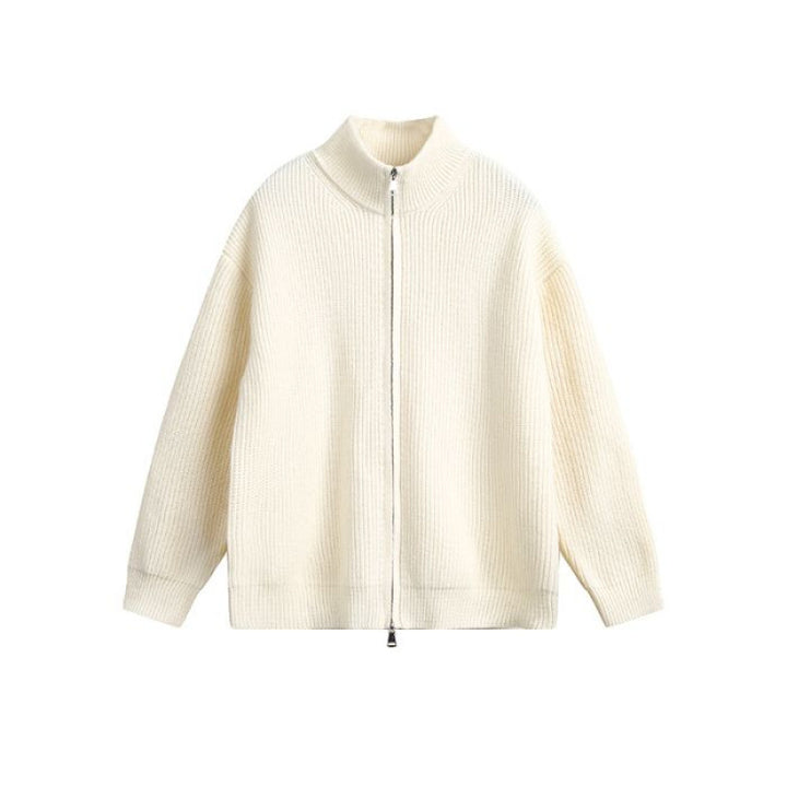 Unisex Oversized Knit Zip Jacket with Stand-Up Collar and Ribbed Cuffs Mune Fashion