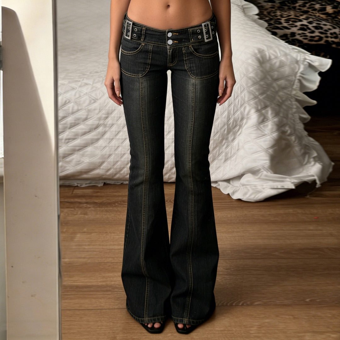 Ladies High-Waisted Flared Jeans with Center Seam and Decorative Belt Loops Mune Fashion