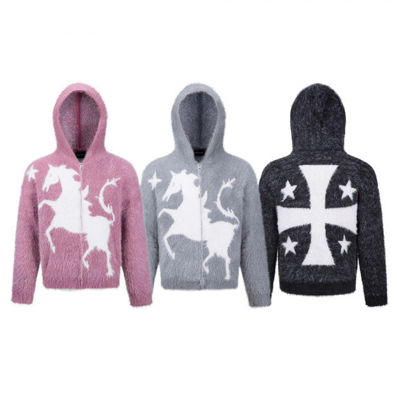 Unisex Fluffy Hoodie with Unicorn Motif and Continuous Zipper Mune Fashion