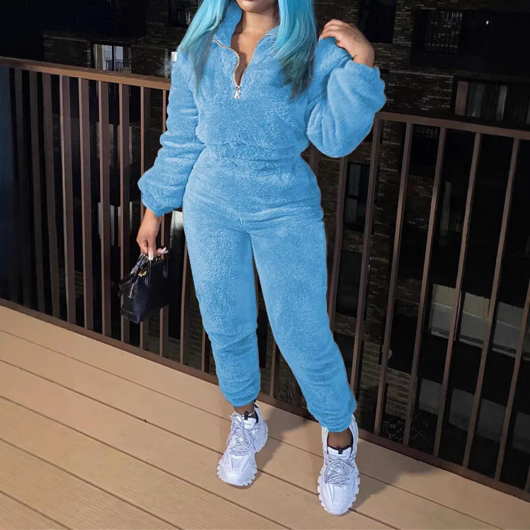 Women's cozy teddy lounge set with half zip and high-waist jogger Mune Fashion