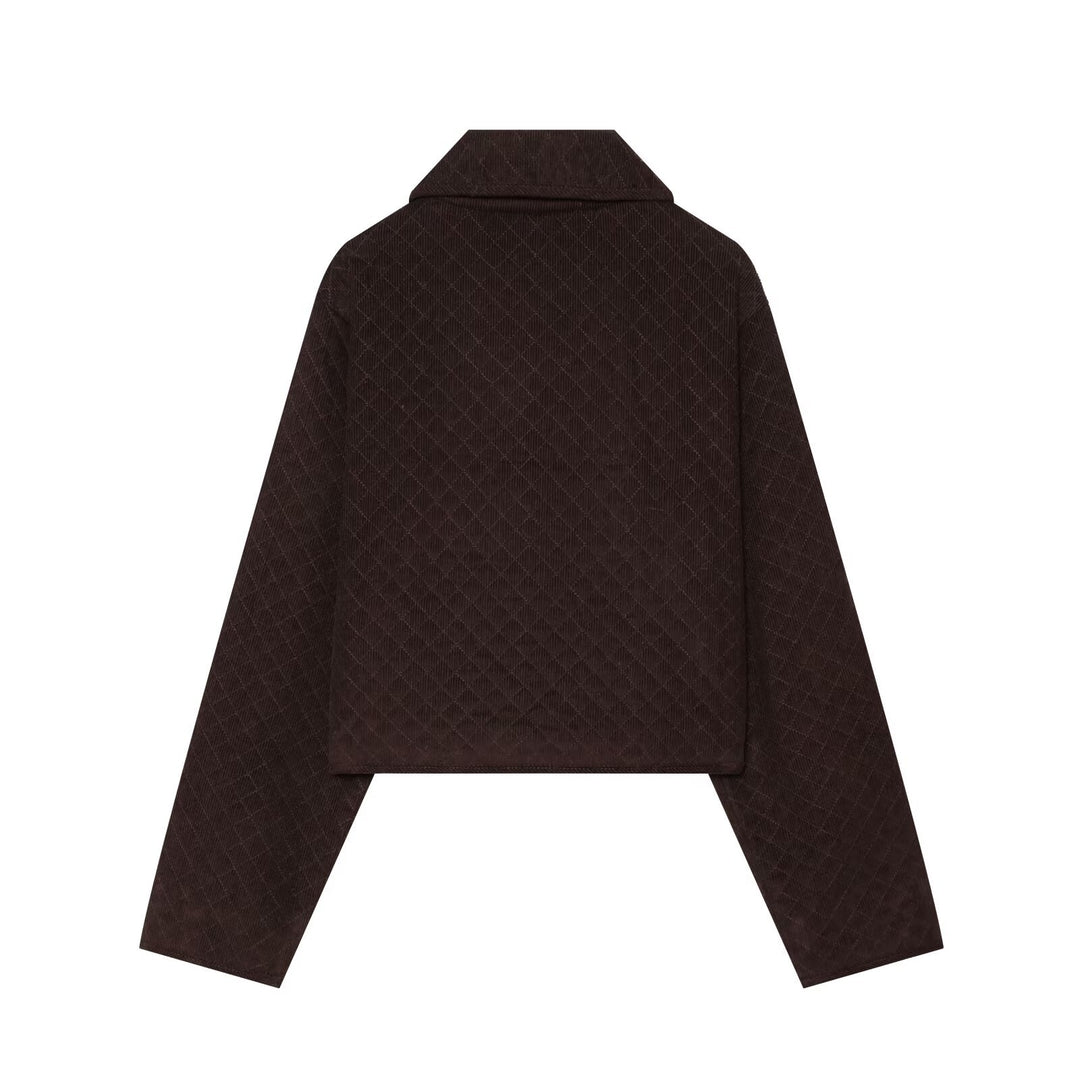 Women's Quilted Cord Jacket in Boxy Cropped Cut with Round Collar and Flap Pockets Mune Fashion
