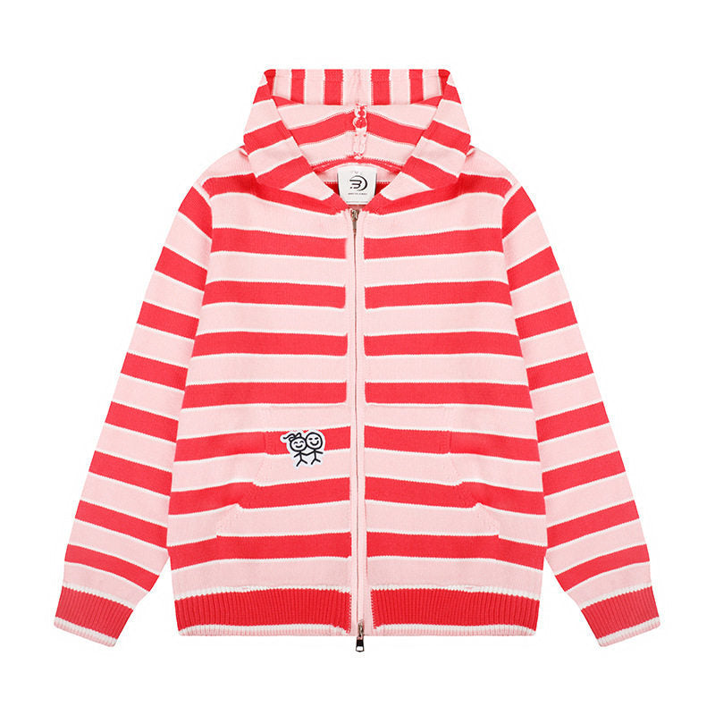 Women's hooded cardigan with full zip, striped texture, and Mune Fashion embroidery detail