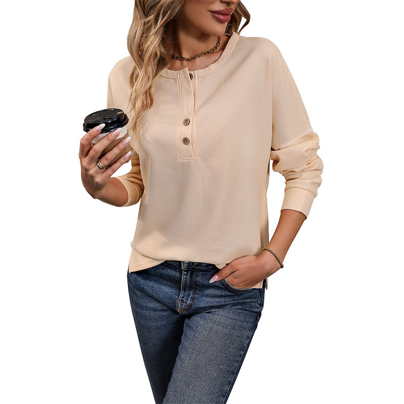 Women's Long-Sleeve Waffle Knit Henley Shirt with Button Placket Mune Fashion