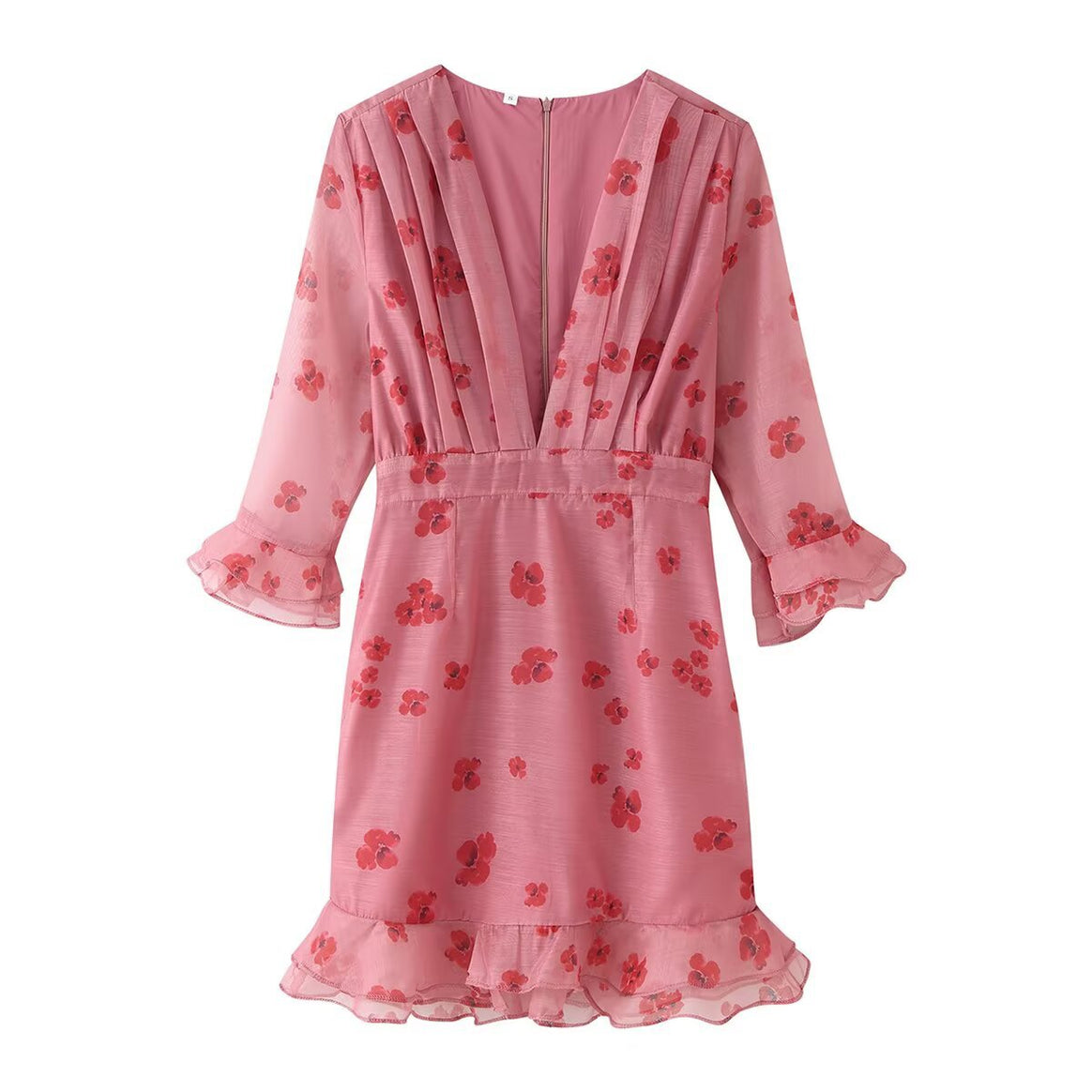 Women's Chiffon Mini Dress with Pleated Neckline, Transparent Ruffle Sleeves, and Flared Hem Mune Fashion