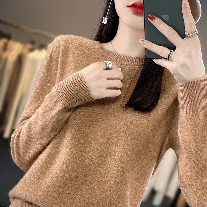 Ladies luxurious fine knit round neck sweater with soft fluffy finish and narrow cuff shape Mune Fashion