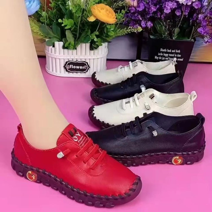 Women Flexible Leather Look Sneakers with Hand-Stitched Contrast Seam and Profiled Rubber Sole Mune Fashion